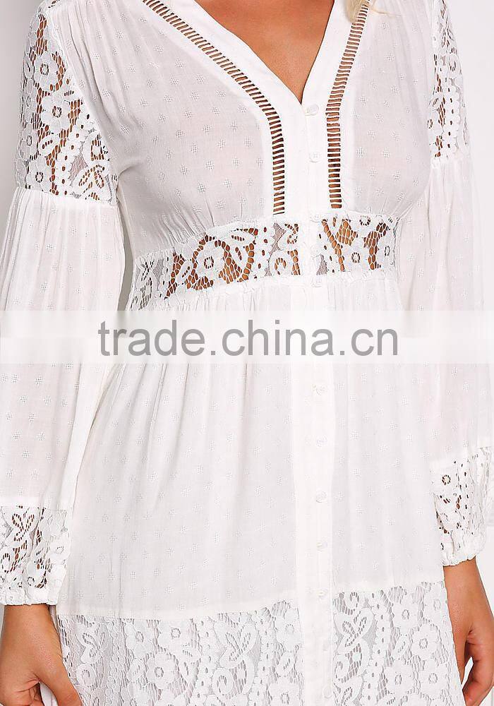 Off White Lace Trim Button Down Maxi Dress Long Frock Design HSd5221