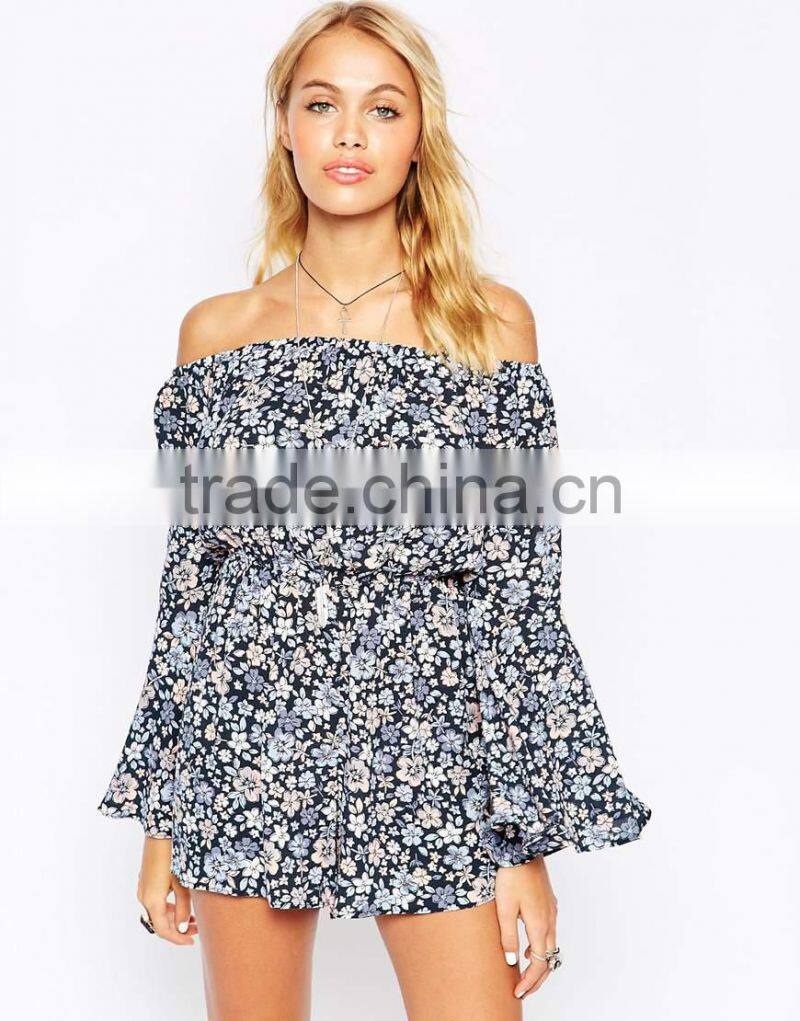 2015 fashionable hot sale OEM customized Off Shoulder Romper with Flutter Sleeves in Pretty Floral Print