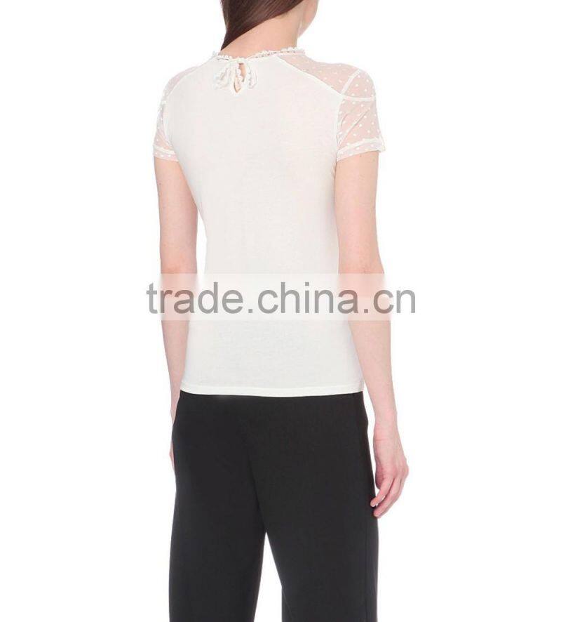 Wholesale Women Sexy Round Neck Short Sleeves Sheer Polka Dot Sleeves and Yoke Straight Hem Cotton Blend T-shirt(DQE0150T)