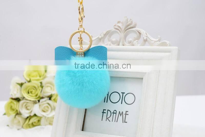 Sweety cute koreal style rex rabbit fur balls keychain with bowknot leather keychain
