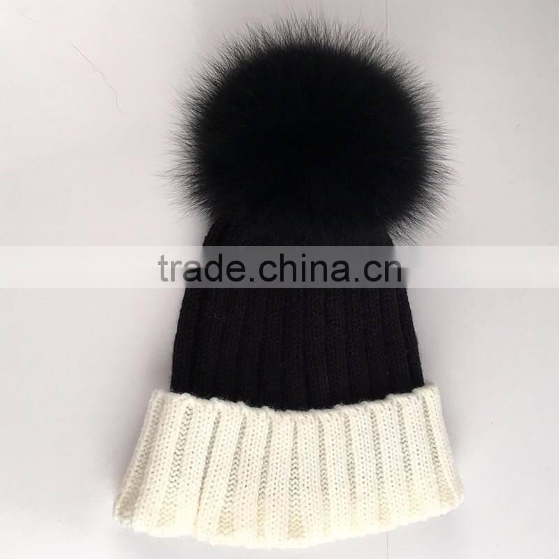Myfur Classical Women Beanie Hat with Big Soft Real Fox Fur Pom Pom Knitting Cap