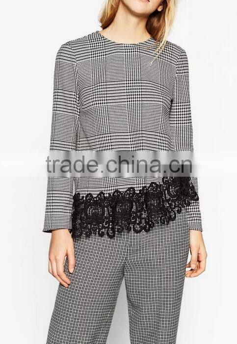 Runwaylover EY2378B Ladies 2017 Fashion Lace Splice Plaid Blouse