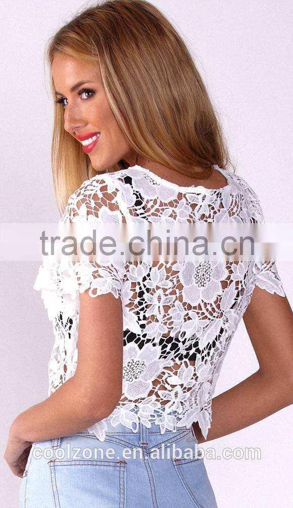 100% Polyester short sleeve round neck crop top,elegant fashion lace top