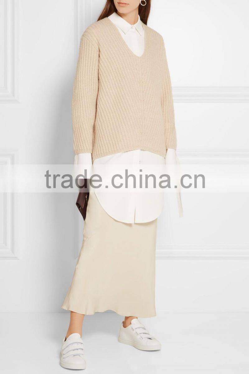 Knitted Wool Sweater Design for Women V-neck Back Length Blank Poncho