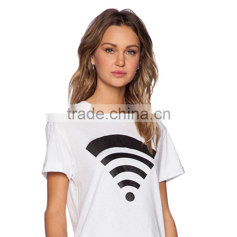 Ladies wholesale WIFI rubber print t shirt with Roll up sleeves