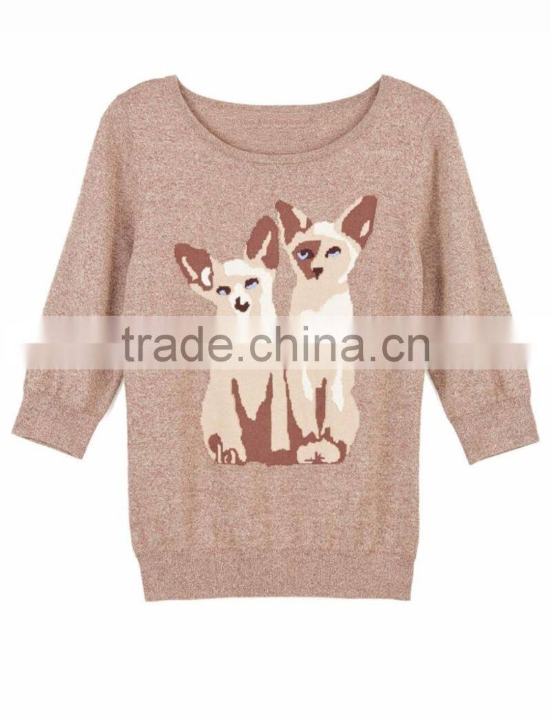 Fancy Cotton Knitted With Cat Pattern Sweater Designs For Girls