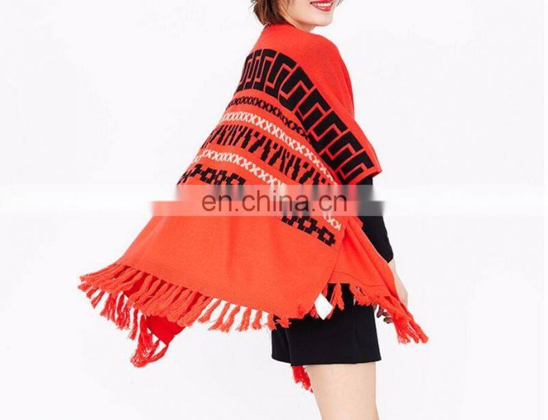 Red color New fashion computer knitted fringe poncho women