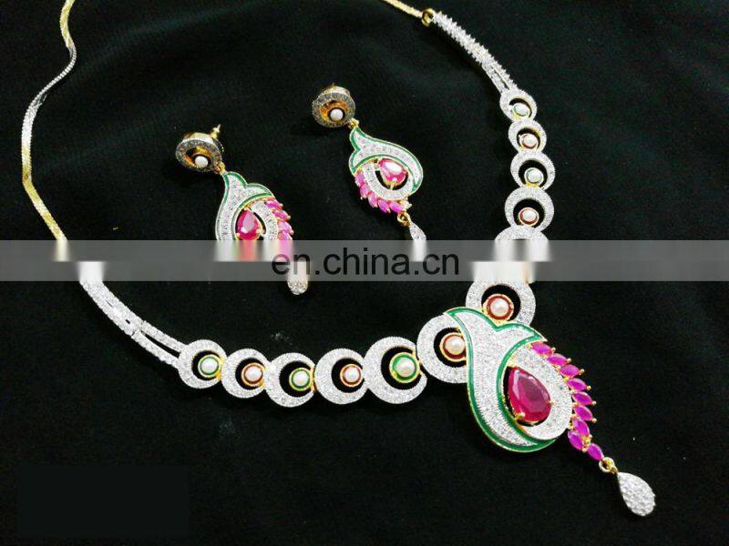Modish Peacock Multi- Color Gold Plated American Diamond Jewelry Necklace Earrings Set