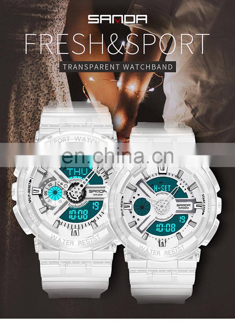 SANDA 298 high quality white unisex digital watch designer Silicone band Waterproof 2 time zone low moq lovers wristwatch