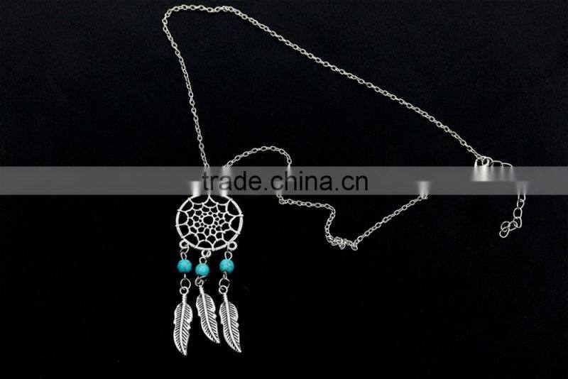 Dream catcher feathers turquoise tassel sweater chain necklace