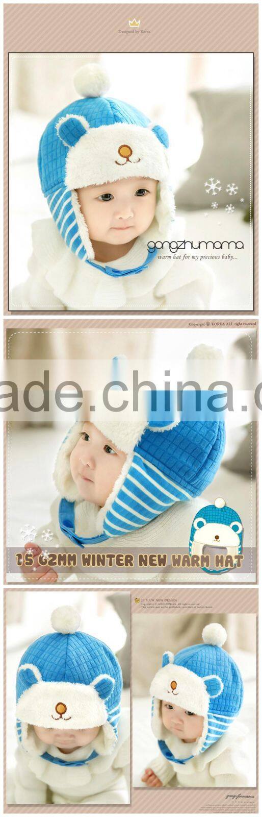 Autumn Winter Newest Checked Striped Bear Style Baby Kids Pom Poms Earflap Winter Wool Hat