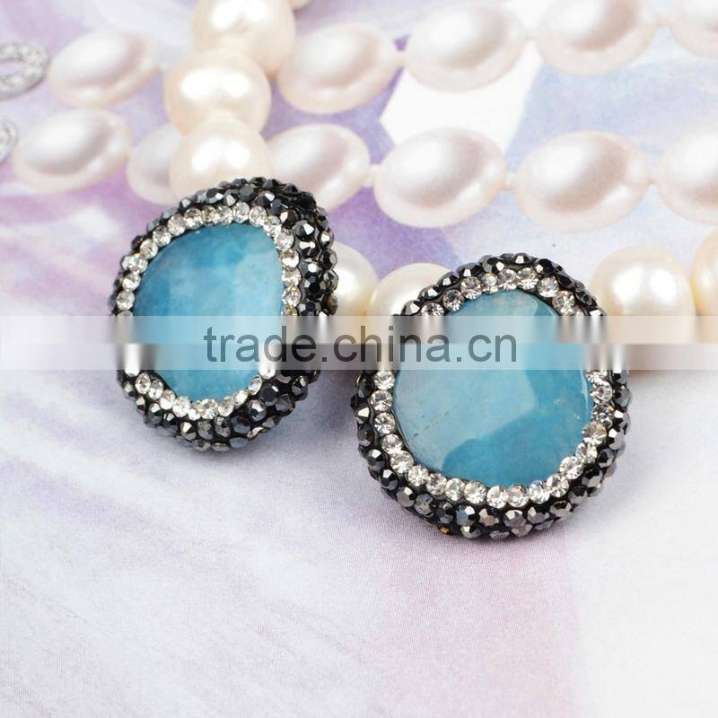 Natural aquamarine stone beads with ziron micro side faceted beads inlaid pave with opal & black spinel zircon