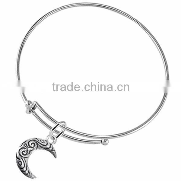 Crescent Moon Charm With Antiqued Swirl Pattern Charm Chain Link Bracelet