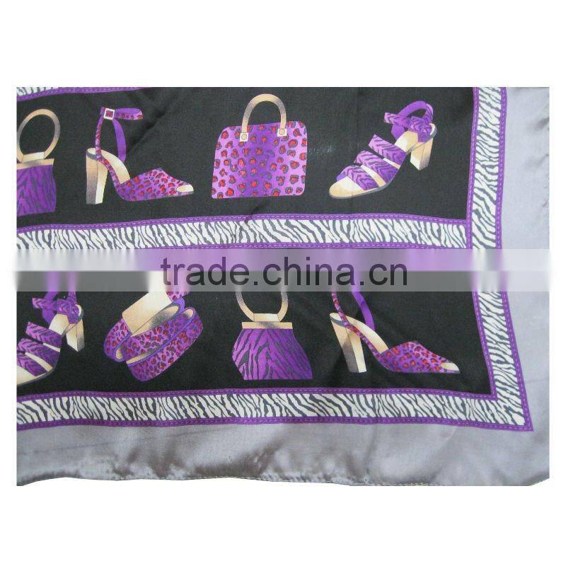 Pure Silk Satin Square Scarf for Lady Black/Purple