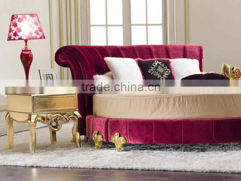 Hotel Bedroom Furniture Fabric Round Bed Glod Leaf Classic Solid Wood Legs DHR01