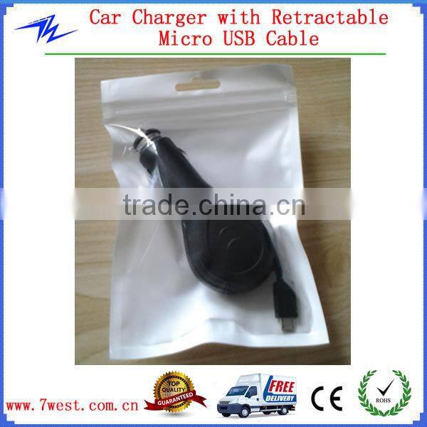 Car Charger with Retractable Cable,Mini USB Car Charge 5V 1000mAh with CE & RoHS
