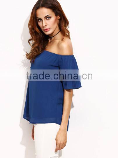 Blouses latest fashion design women clothing Royal Blue Pleated Sleeve Off The Shoulder Blouse