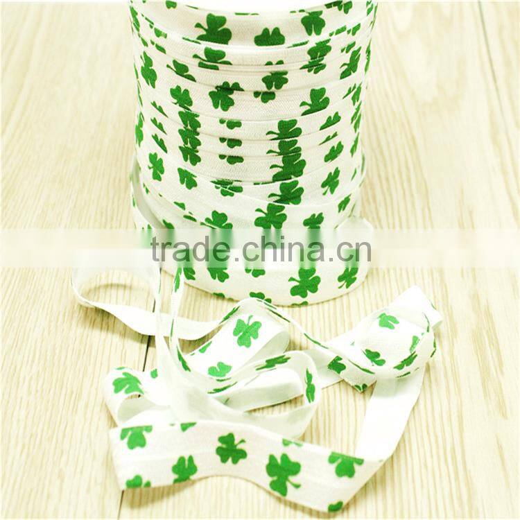 Wholesale print clover fold over elastic hair tie ,5/8'' FOE headband hairbands,50yards in spool