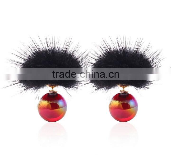 2016 top quality fashion fur women earings set brand acrylic round shaped double earings factory price