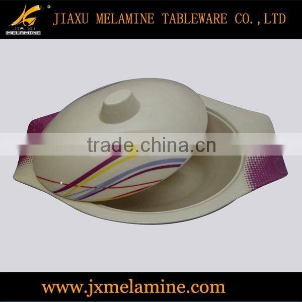 13" tea color oval handle bowl w/lid-melamine ware