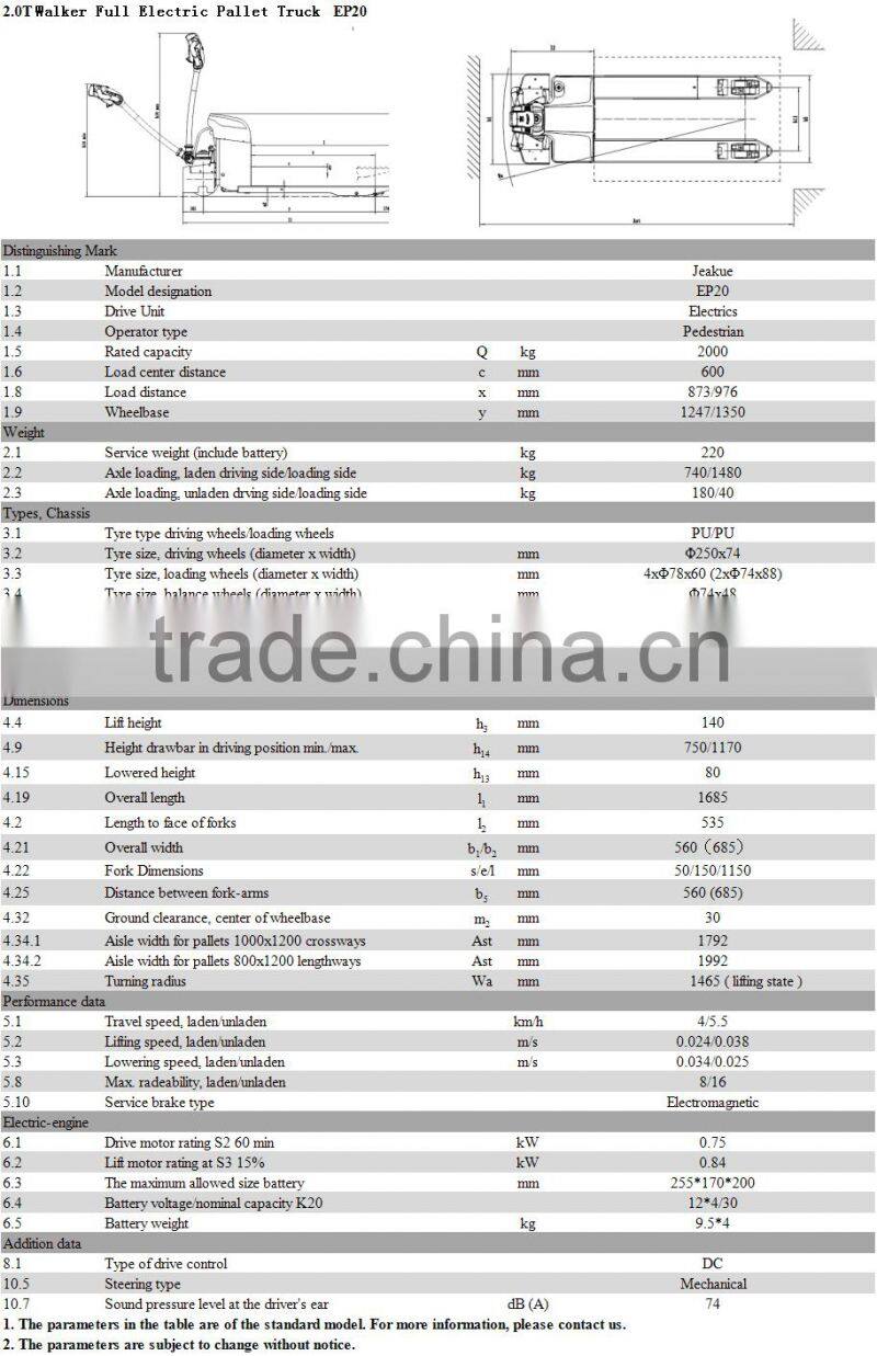 CE ISO 2.0T 2000KG Walkie type Electric Pallet Truck