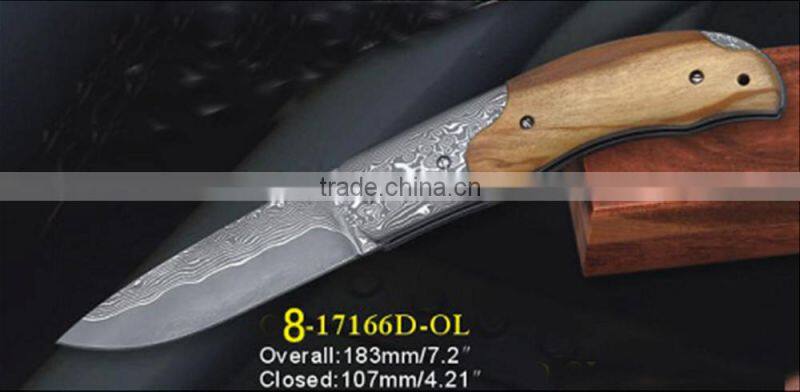 OEM handmade Damascus collection folding knife, mountain hiking small knife, natural wood handle