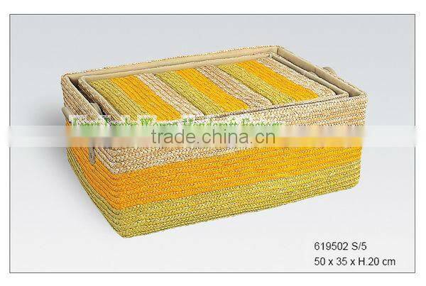 Cheap colored Rectangle straw storage basket with liner and handle