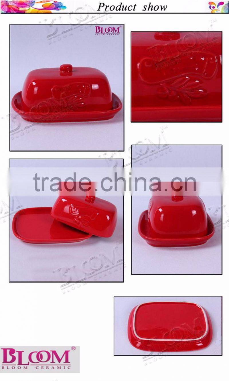 red glazed ceramic butter dish for tableware
