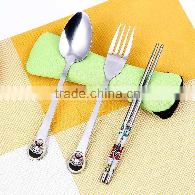 3 pcs tableware stainless steel dinnerware set of chopsticks, spoon and fork with the bag