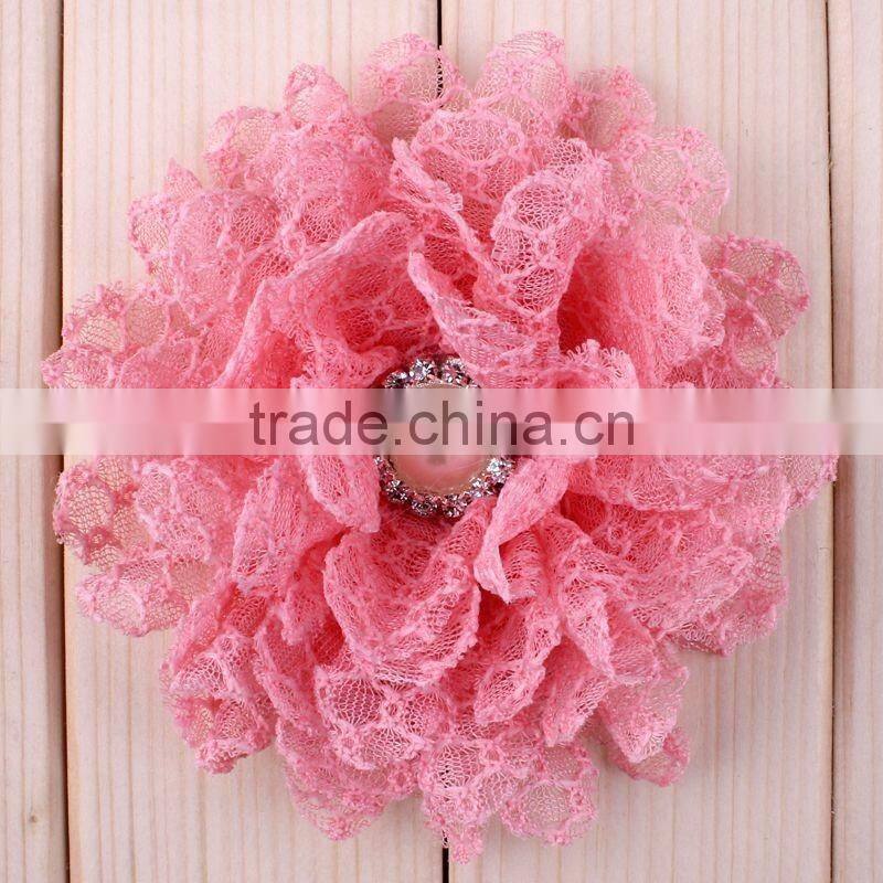 fabric flower with pearl beads center for kids hair accessories