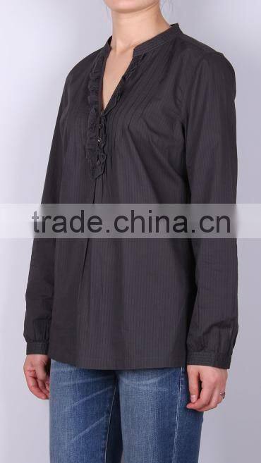 Women ruffle placket blouse , yarn dye long sleeve blouse/tops