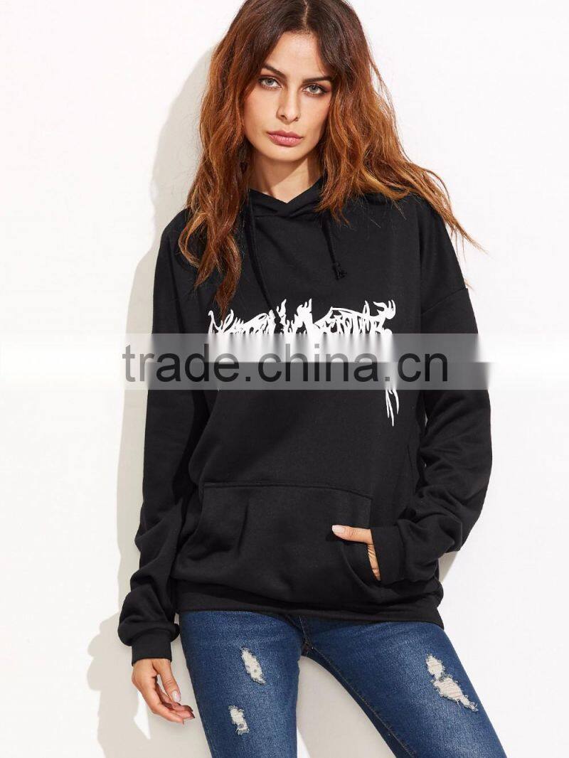 Black Abstract Custom Made Print Hoodie With Pocket Private Label Long Sleeve Hoodies Cotton French Terry