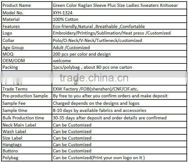 Green Color Raglan Sleeve Plus Size Ladies Sweaters Knitwear