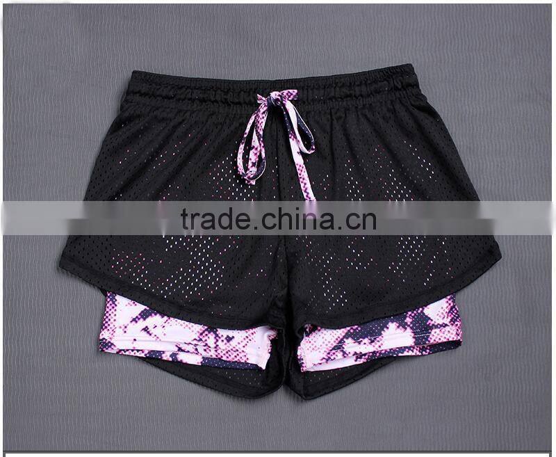 Womens summer sports running yoga wear fitness breathable quick dry two layers short with drawstring