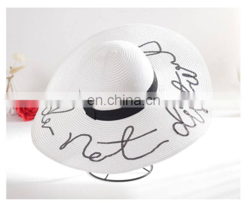 Embroidery Letters Straw Hat Summer Sun Hat Large Brimmed Hat Beach Hat