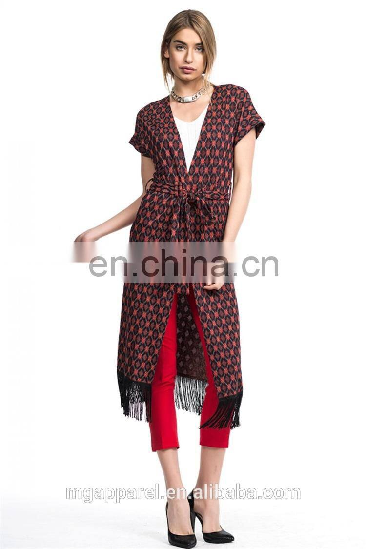 Newest design tie waist and fringe bottom original cut ladies long vest women