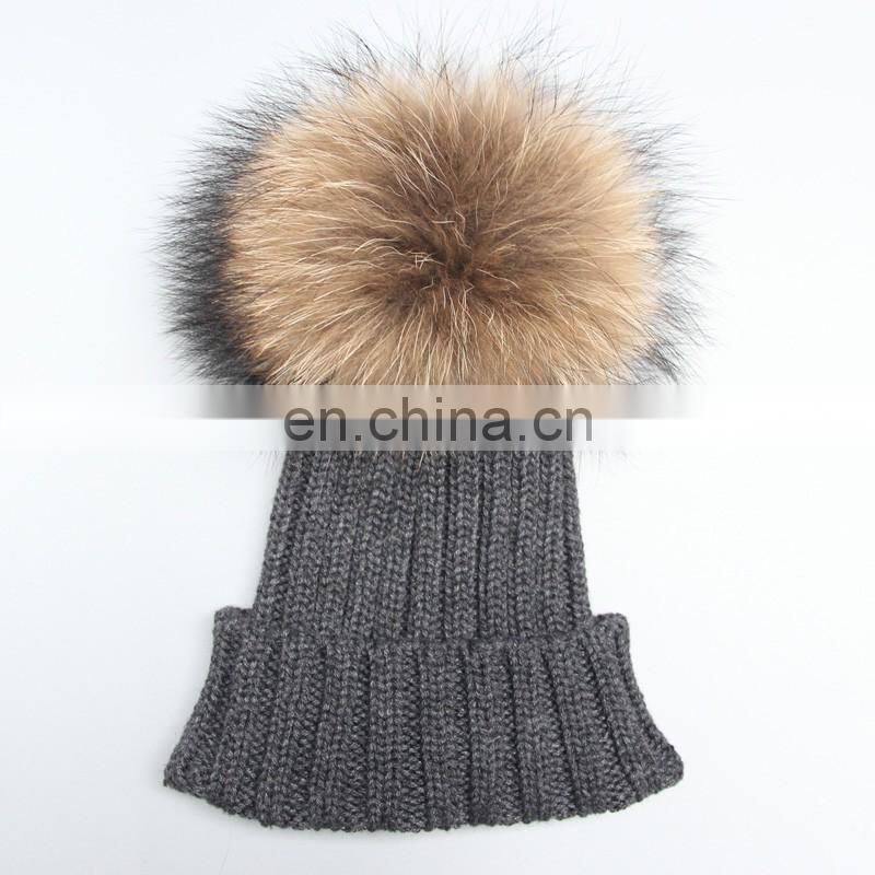 Child Baby Women Winter Knit Beanie Raccoon Fur Pom Bobble Hat Crochet Ski Cap