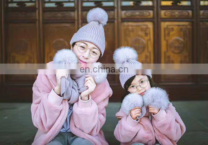 Winter Wool Knitted Beanies Scarf Fox Fur Pompom Knitted Hat Wool