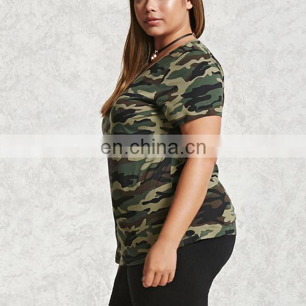 Guangzhou plus size womens clothes contrast crew neckline camo t shirt