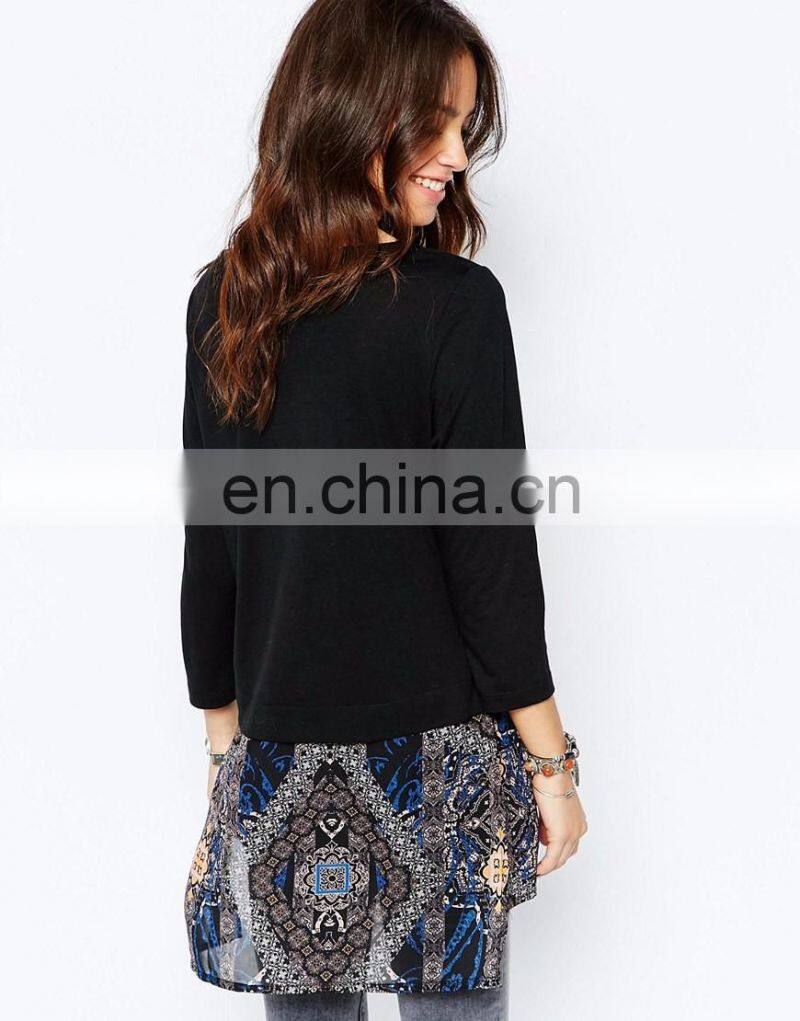 2016 Latest fashion woman blouse in twinset design with printed chiffon hem