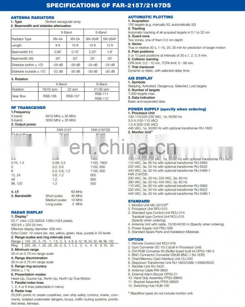 Marine electronics maritime navigation communication Furuno FAR-2167DS BB 60KW S BAND 96NM 20.1'' ship open array marine radar