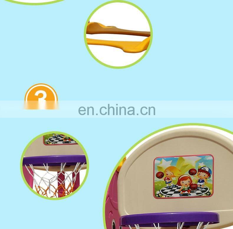 Cheap Factory Price Durable Safety Cartoon Kindergarten Preschool Home Set Plastic Indoor Children Slide with Basketball Ring