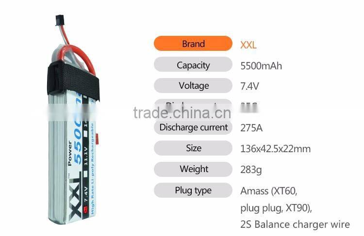 High powe lipo battery 5500mah 7.4v with Universal Plug System