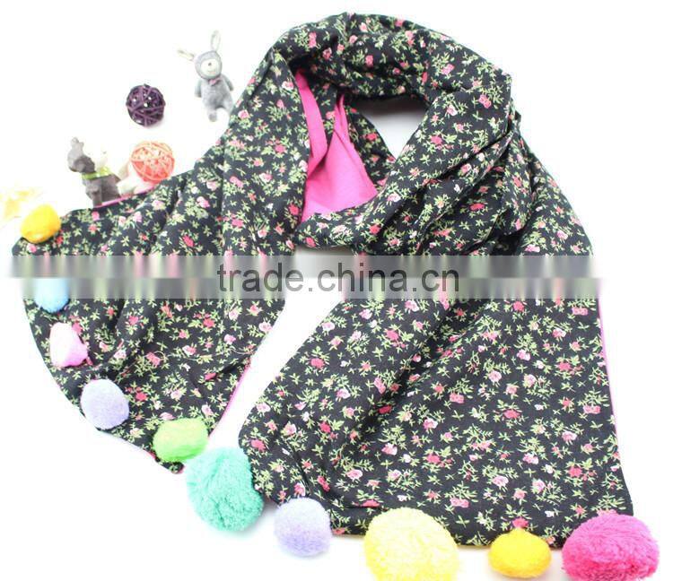 Good Quality Cute Sweet Small Floral Print Colorful Pom Pom Balls Fashion Baby Girls Winter Scarf