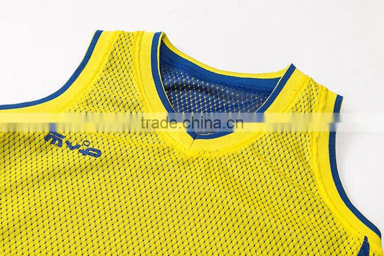 yellow contrast blue mesh fabric digital printing sleeveless basketball uniforms yellow