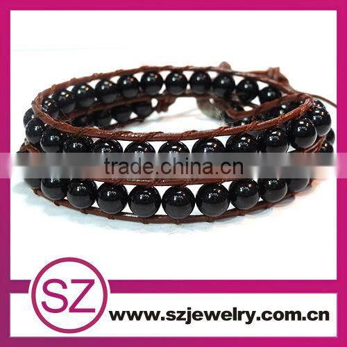 Fashion red jade beads beaded wrap leather bracelet for men