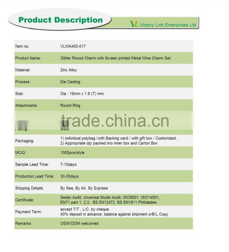 Glitter Round Charm with Screen printed Metal Wine Charm Set