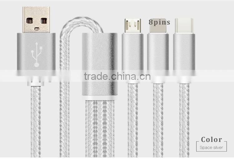 multi-function usb multi charger charging plug USB data line cable 8pins micro type c 3 in 1 for iPhone and Android
