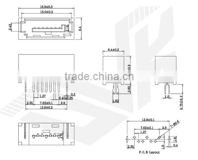 Pitch:1.27mm SATA Male 7Pin 180 Degree Dip Type