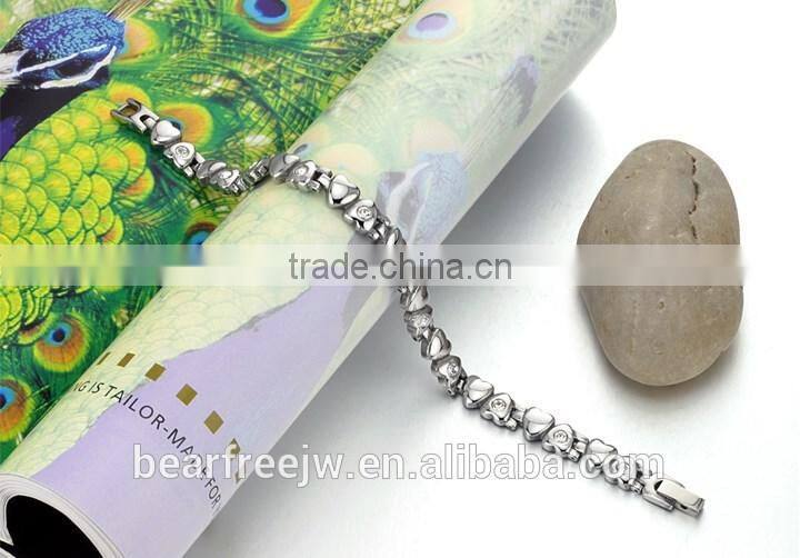 Cubic Zirconia Heart Shape Link Chain Bracelet, Stainless Steel Bio Magnetic Health Energy Bracelet